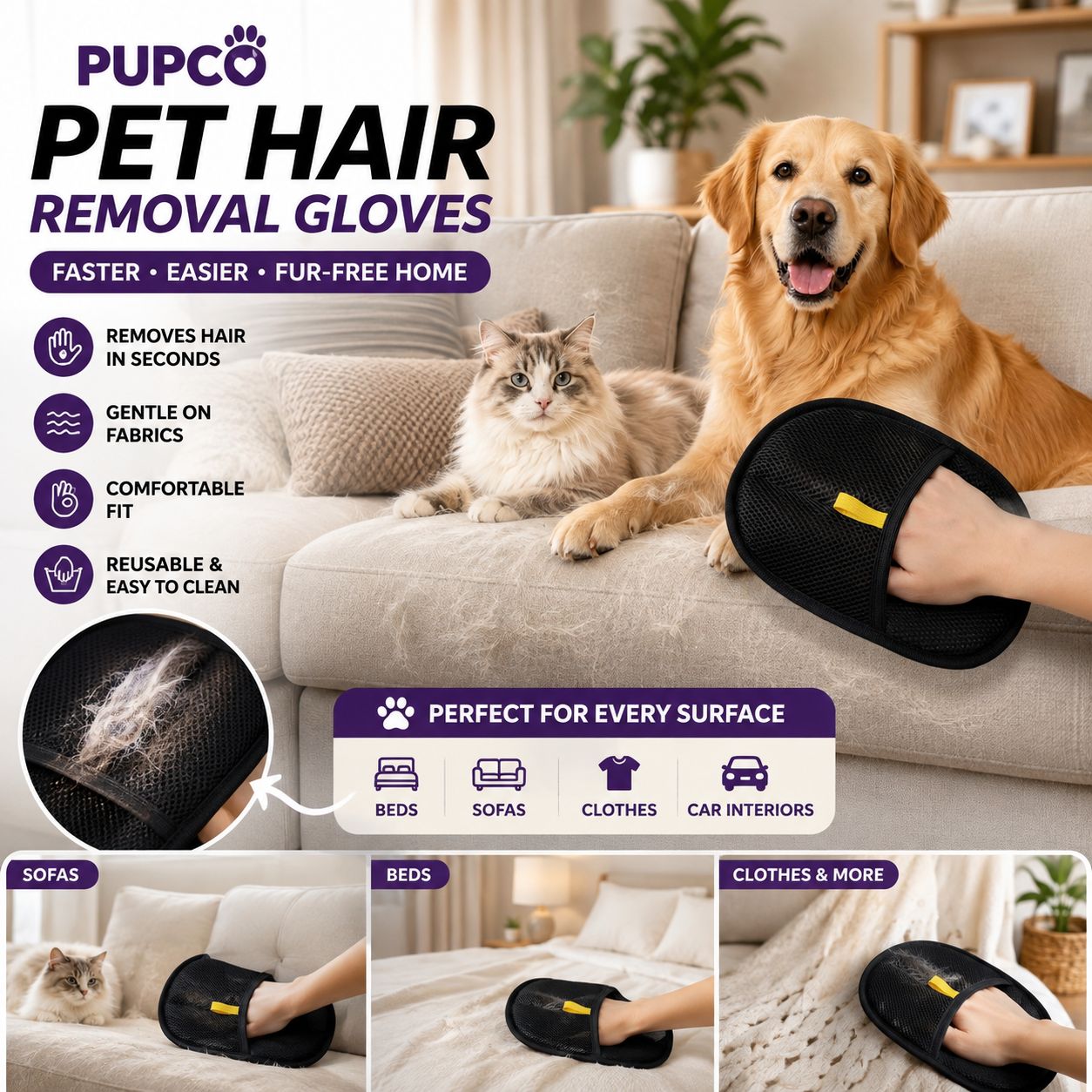 PUPCO™ Pet Hair Removal Glove – Swipe Away Fur in Seconds 🐾